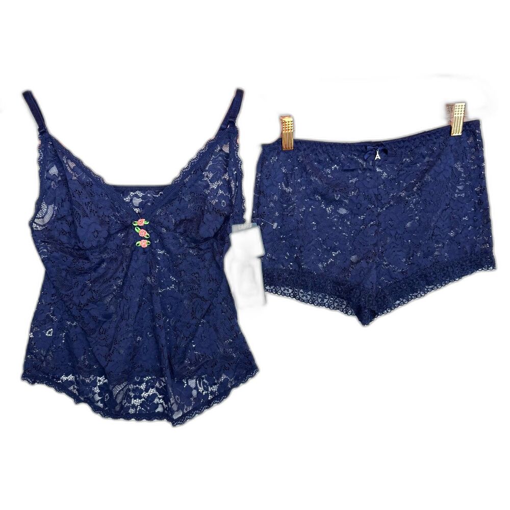 Paris Blues NWT Large L Navy Lace Cami Shorts Pajama Set Floral Ribbon Coquette